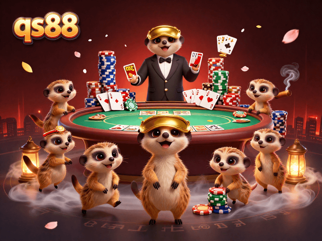 Experience the thrill of qs88 online gaming with meerkats in a vibrant 3D casino scene.