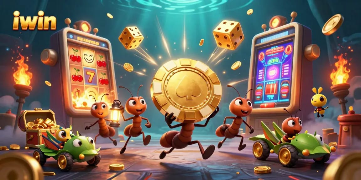 iwin-themed cartoon ants carrying a giant poker chip in a vibrant casino scene with slots and treasures