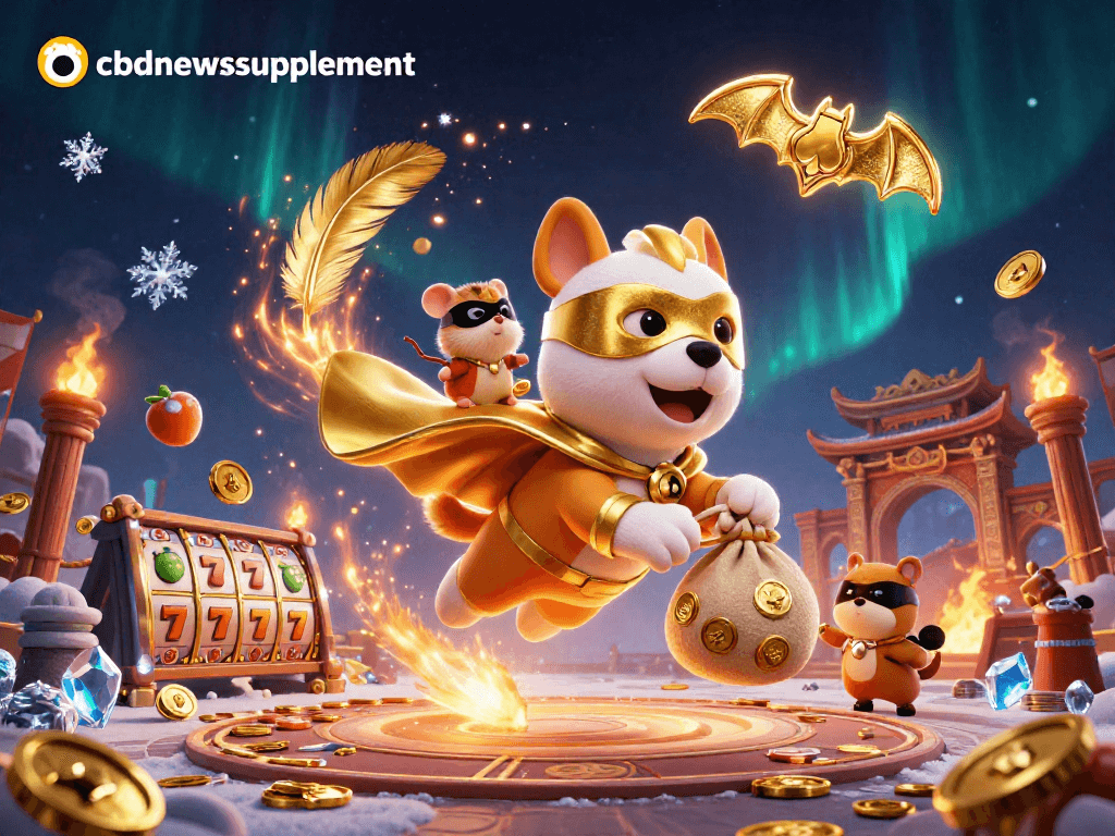 Experience excitement with cbdnewssupplement as our hero dog flies past jackpot slot reels and poker chips.
