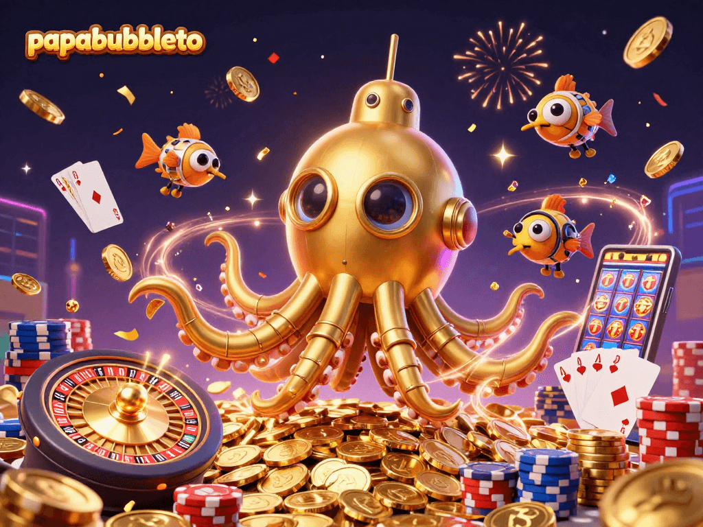 Experience high-stakes gaming with papabubbleto's golden kraken submarine amidst vibrant casino action.