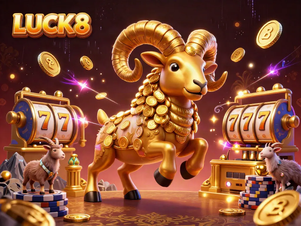 Engage with LUCK8's thrilling casino experience featuring a golden ram charging through jackpot symbols and coins.