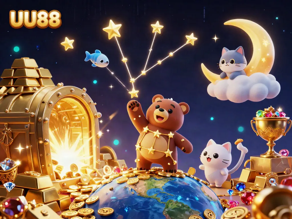 Experience the enchantment of UU88 with a vibrant casino-themed illustration featuring cosmic characters and treasures.