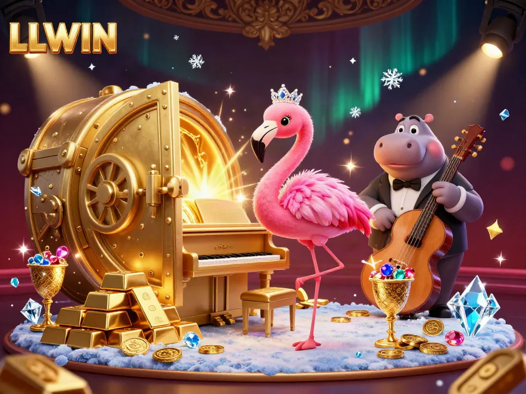 LLWIN promotes an energetic casino atmosphere with a flamingo singer and hippo bassist surrounded by gold.