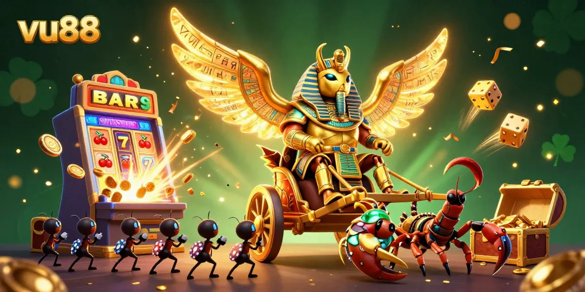Join the excitement of vu88 casino with a colossal scarab beetle championing a jackpot adventure.