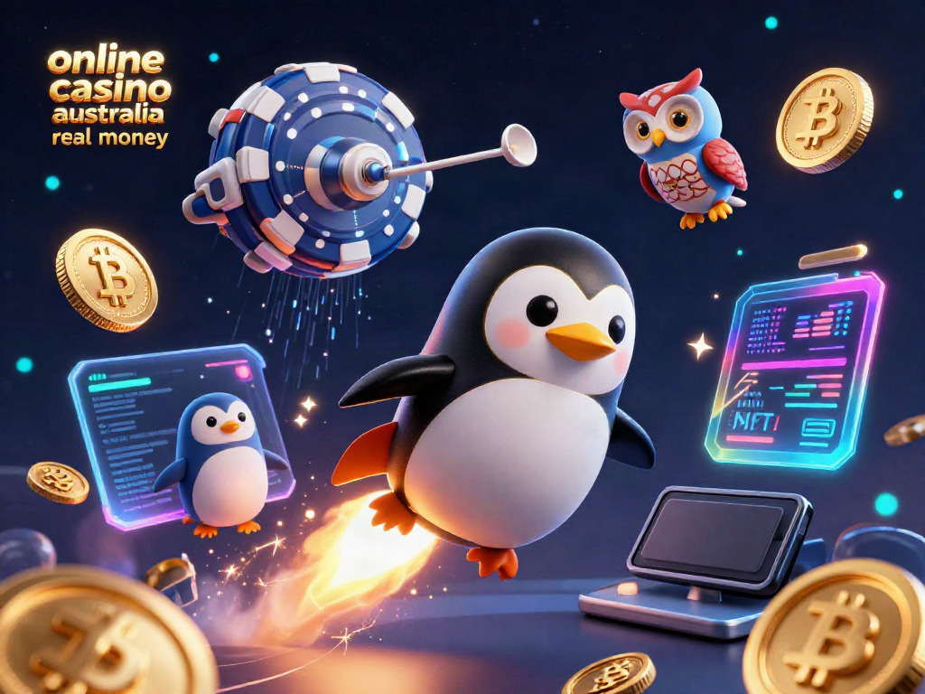 Experience the thrill of online casino Australia real money with a cartoon penguin and golden coins.