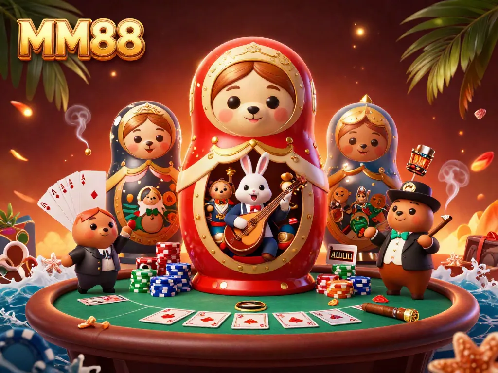 Experience MM88's vibrant casino world with bears and colorful poker elements in a dynamic scene.