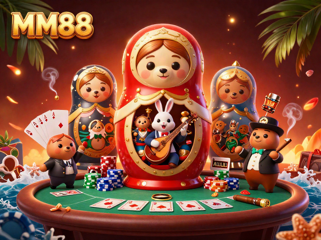 Experience MM88's vibrant casino world with bears and colorful poker elements in a dynamic scene.