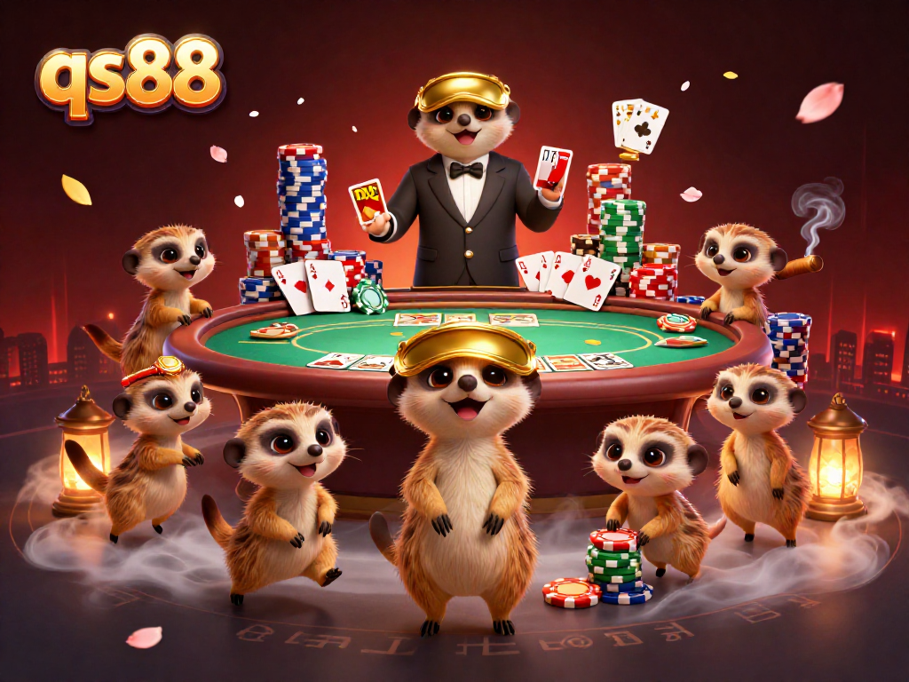 Experience the thrill of qs88 online gaming with meerkats in a vibrant 3D casino scene.