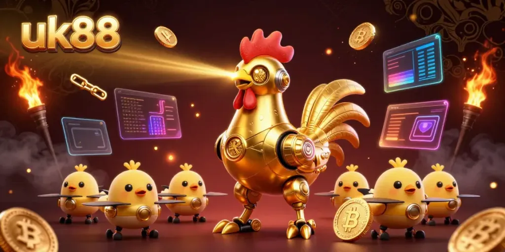 Engage with uk88's thrilling online gaming world through this vibrant illustration.
