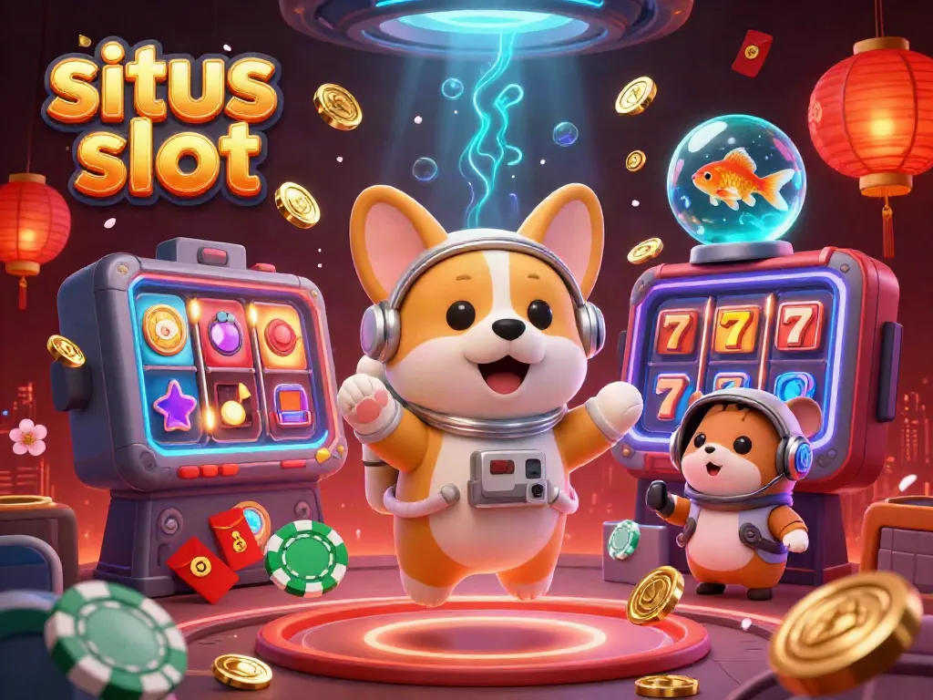 Play enticing situs slot games with a corgi astronaut and a charming hamster in a space casino.