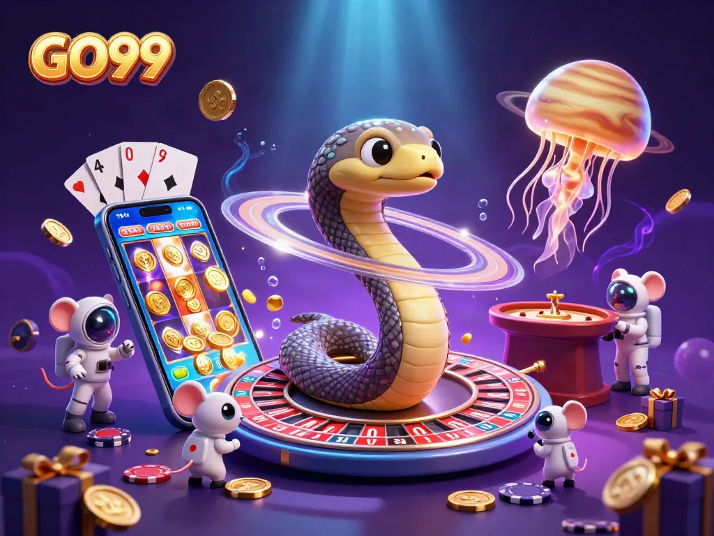 Experience the thrill of GO99 with a captivating cosmic casino scene featuring vibrant animated elements.