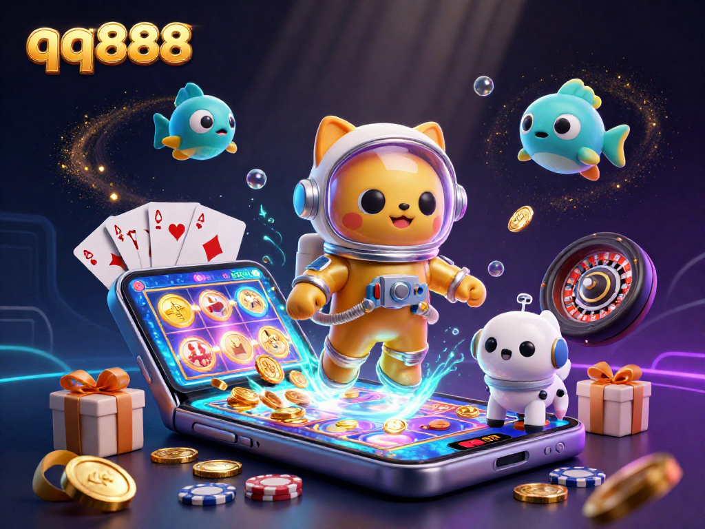 Play thrilling games at qq888 with a vibrant 3D casino scene featuring a space cat and robot dog.