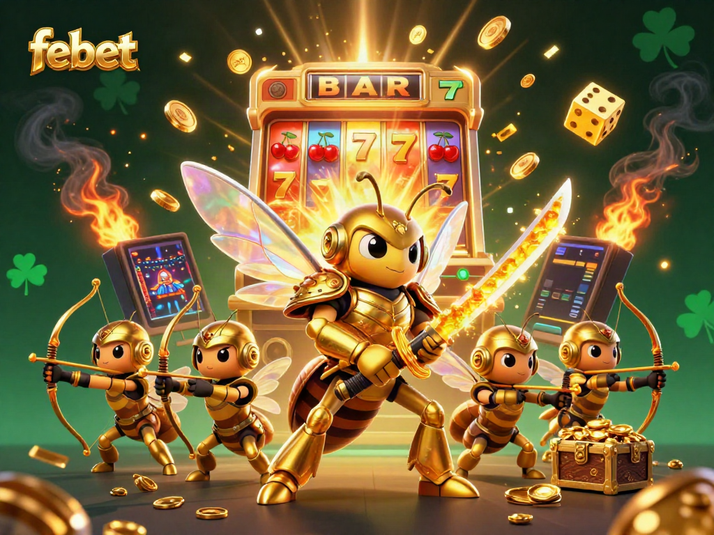 Winning big at febet with iconic slot machines and dynamic characters in a vibrant casino scene.