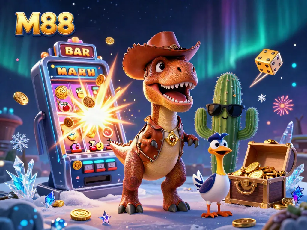 M88 showcases an energetic casino scene with cartoon characters feasting on jackpot winnings and colorful gaming symbols.