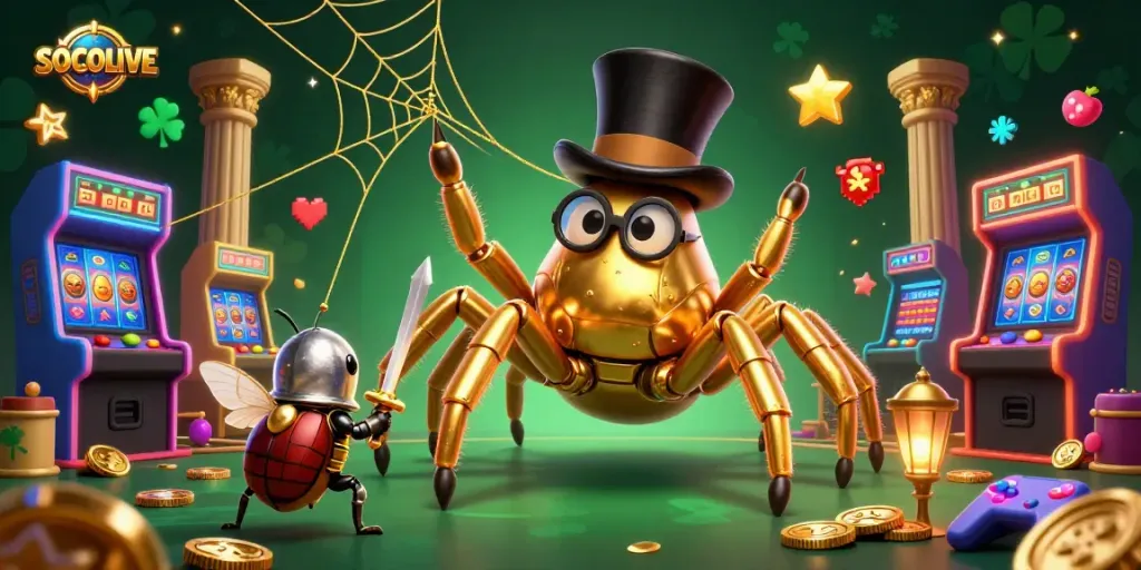 SOCOLIVE offers an engaging 3D cartoon scene of a giant golden tarantula weaving a golden web among casino elements.