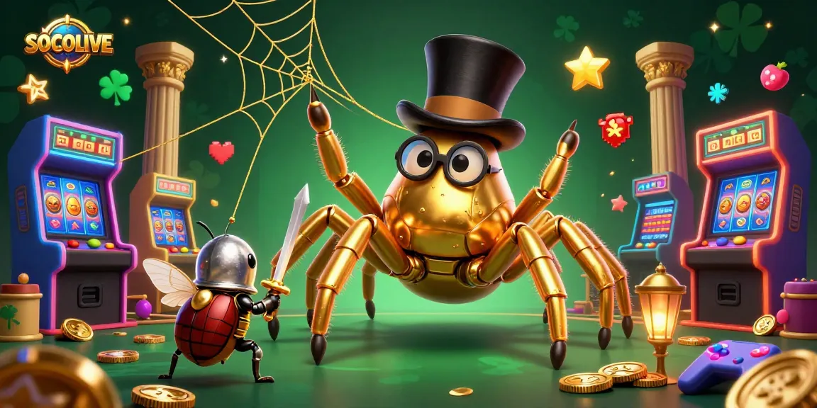 SOCOLIVE offers an engaging 3D cartoon scene of a giant golden tarantula weaving a golden web among casino elements.