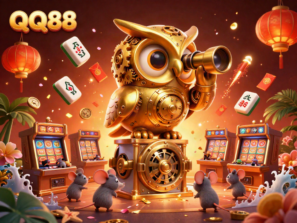Experience the thrills of QQ88 casino with a golden owl scanning slot machines amid festive decorations.