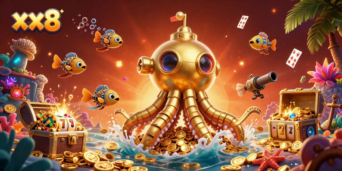 Experience exciting gameplay with the xx8 golden kraken submarine reaping treasures in a vibrant casino-themed illustration.