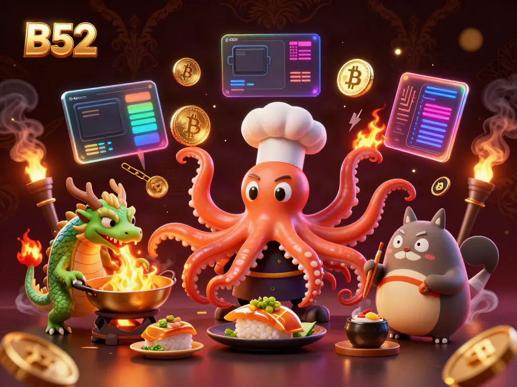 B52 themed illustration showcasing an octopus chef, a dragon, and a tanuki in a bustling casino scene.