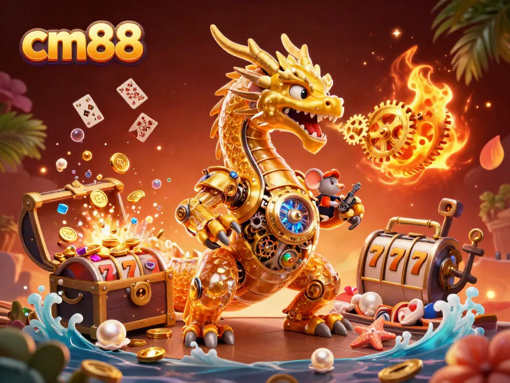 Engage with cm88's vibrant casino world, featuring a golden dragon amidst treasure and games.