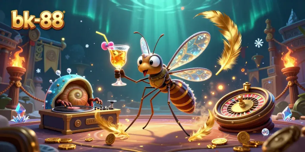 Engage in the vibrant casino atmosphere of bk-88 with a lively frozen mosquito mascot and a trilobite DJ.
