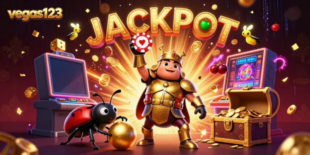vegas123 menunjukkan pemenang jackpot dengan simbol slot cerah dan koin yang berkilauan.