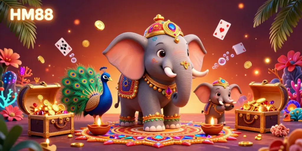 Experience thrilling gaming action with HM88 in a vibrant illustrated casino environment filled with colorful treasures and interactive elements.
