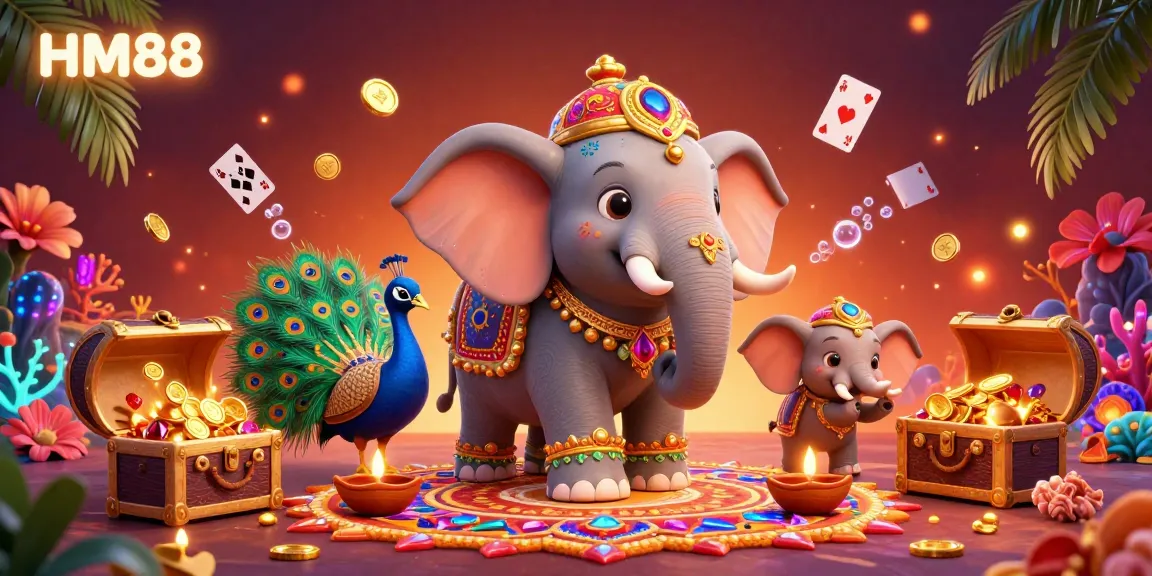 Experience thrilling gaming action with HM88 in a vibrant illustrated casino environment filled with colorful treasures and interactive elements.