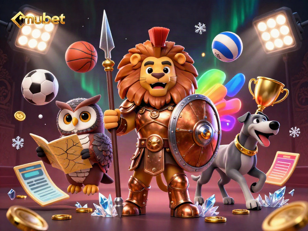 Engaging mubet scene with a Spartan lion, tactical owl, and greyhound amidst sports elements and dynamic lights.