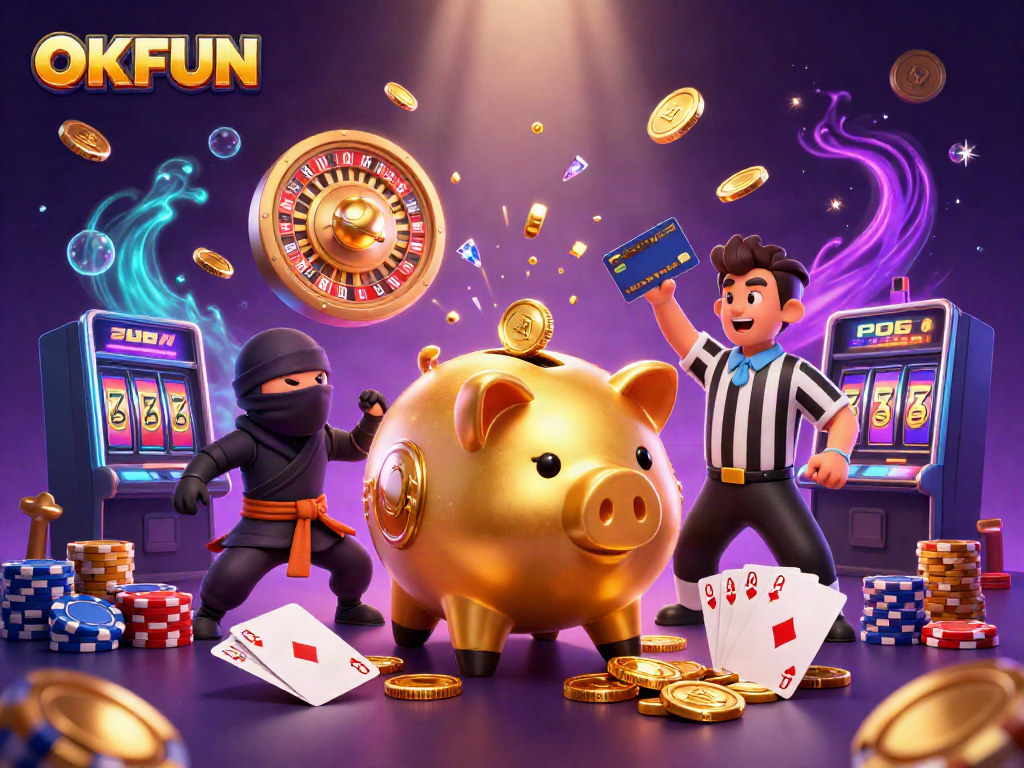 Engage with the OKFUN experience through this lively and colorful casino-themed 3D illustration.
