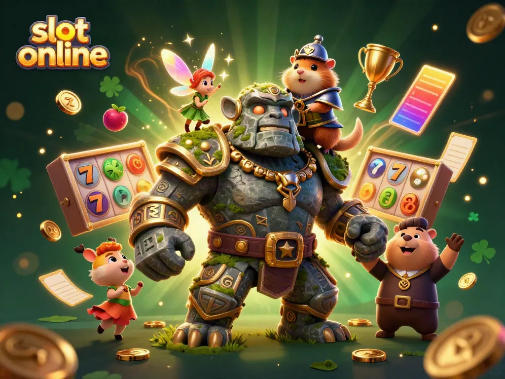 Spin the reels with slot online as a magical golem and fairy bring luck in this dynamic casino scene.
