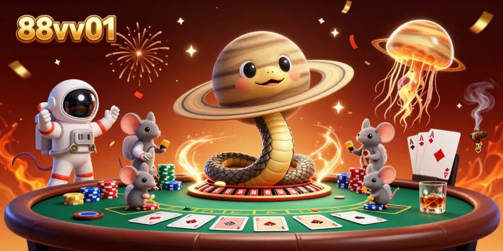 Bet and win at 88vv01 with dynamic casino-themed illustration featuring mouse astronauts and a cosmic dealer.