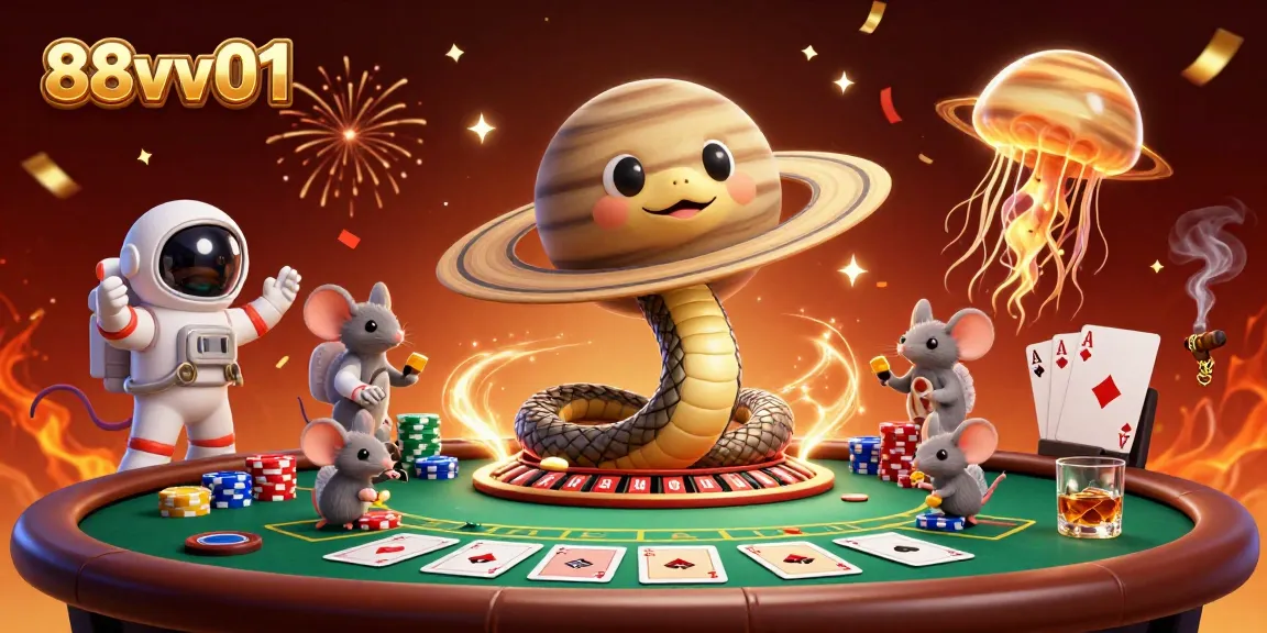 Bet and win at 88vv01 with dynamic casino-themed illustration featuring mouse astronauts and a cosmic dealer.