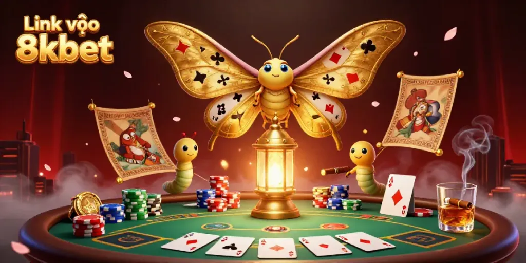 Experience thrilling action at Link vào 8kbet with this vibrant casino scene featuring golden moths and poker elements.