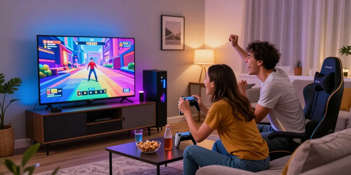 Couple enjoying engaging game porn experience in a vibrant living room.