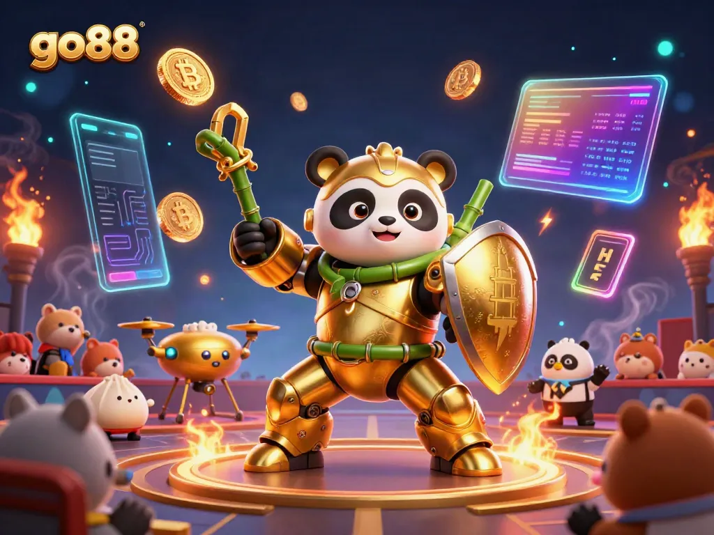 Experience go88's thrilling gameplay in a vibrant casino arena with exciting characters and crypto elements.