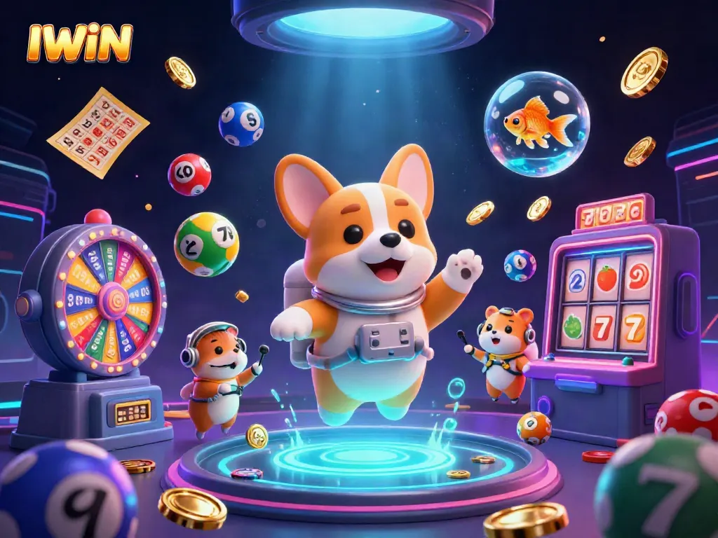 Engaging IWIN gaming scene of cheerful characters amidst drifting coins, lottery balls, and vibrant casino elements.