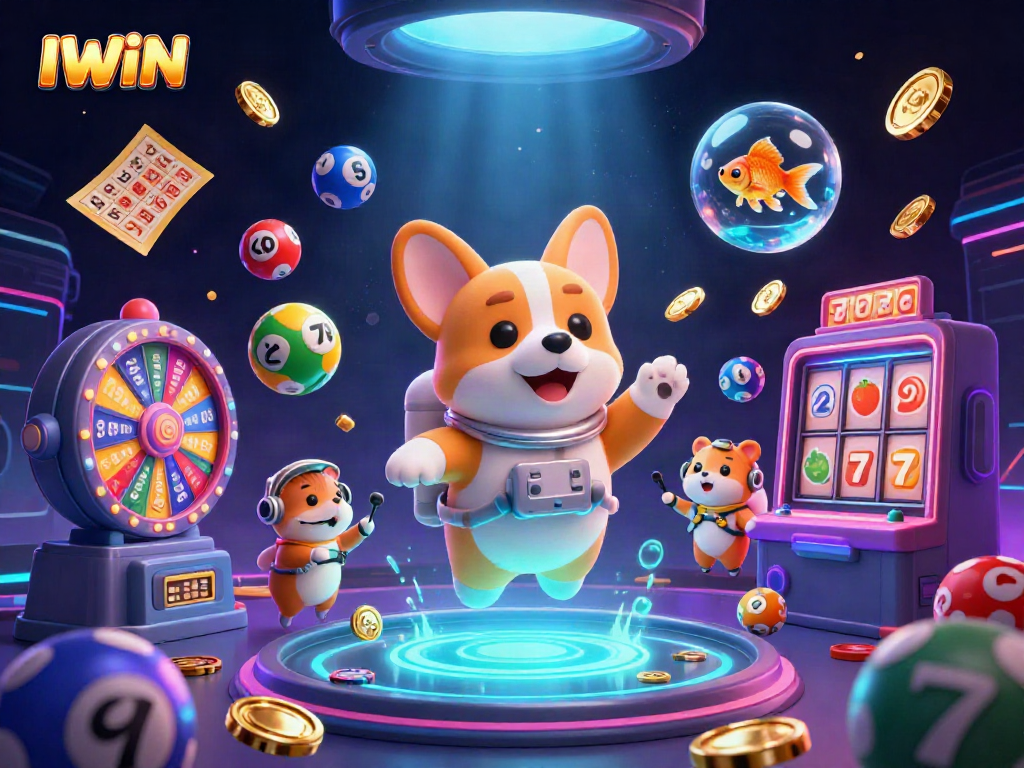 Engaging IWIN gaming scene of cheerful characters amidst drifting coins, lottery balls, and vibrant casino elements.