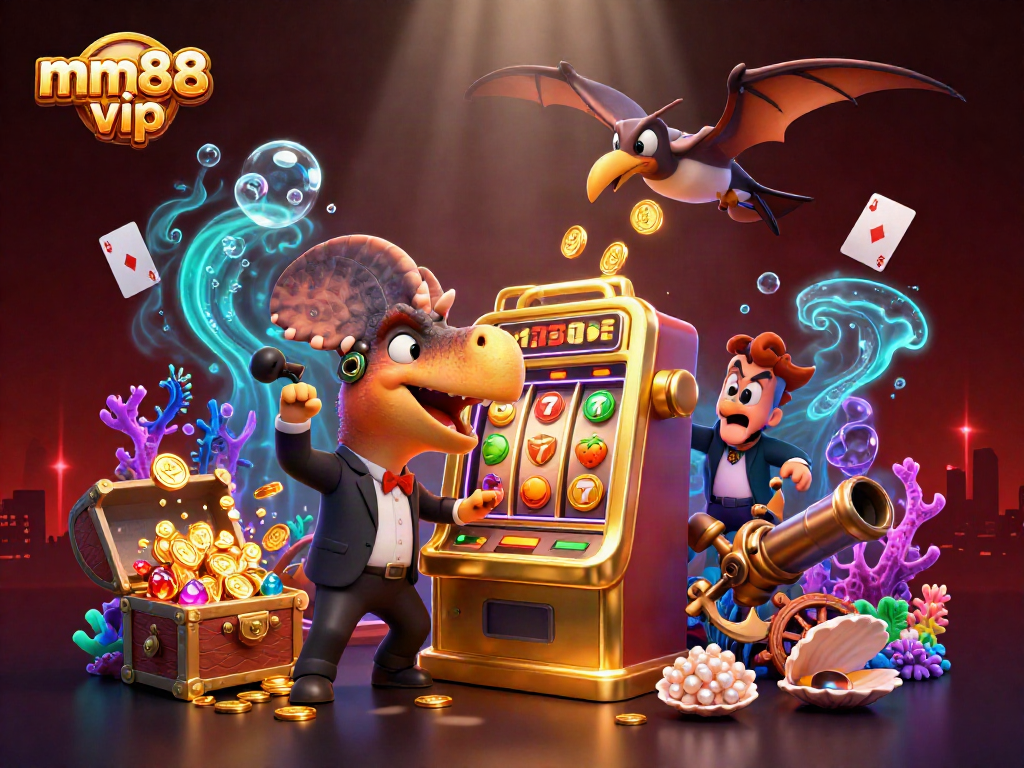Witness mm88 vip excitement as a cartoon pachycephalosaurus wins the jackpot while a panicked manager watches.