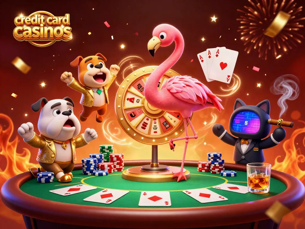 Engaging scene showcasing credit card casinos, featuring a game show host flamingo and excited bulldog contestant.