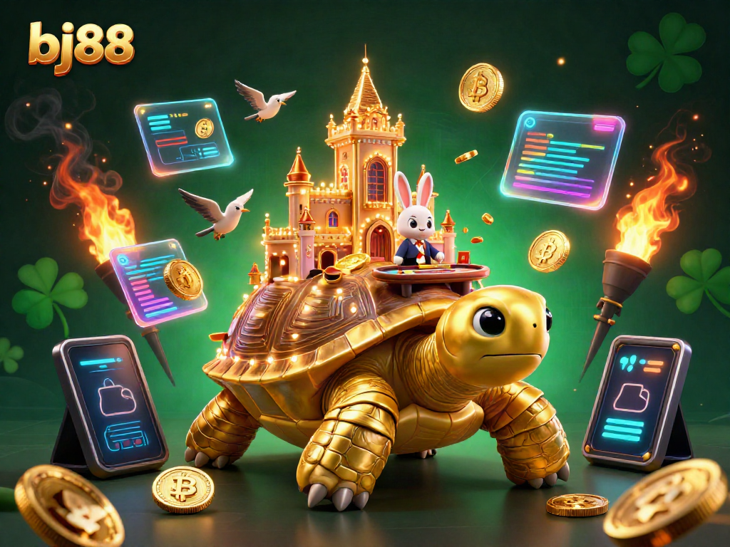 Experience the excitement of bj88 with a 3D scene of a golden tortoise casino and flying coins.