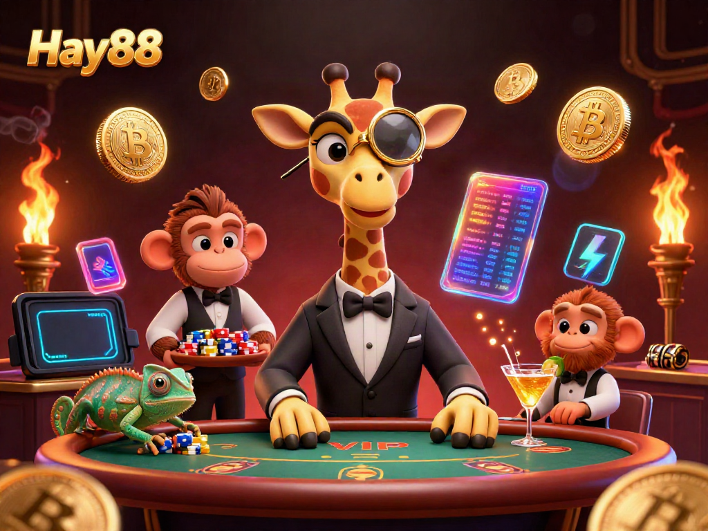 Hay88 showcases an exciting 3D casino scene with a high-roller giraffe and vibrant gaming elements