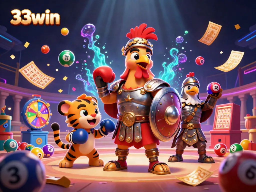Experience thrilling gameplay at 33win with a vibrant 3D illustration showcasing exciting casino elements.