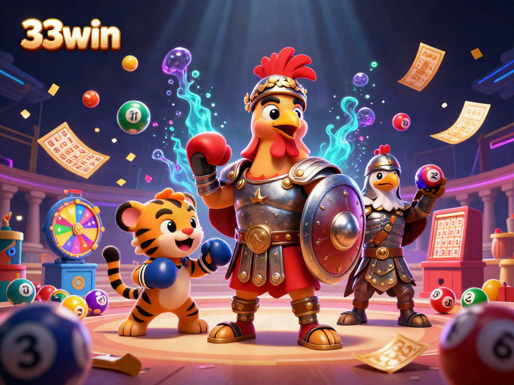 Experience thrilling gameplay at 33win with a vibrant 3D illustration showcasing exciting casino elements.