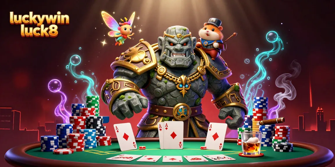 Engage in thrilling gameplay with luckywin luck8 at a vibrant casino scene with characters and poker elements.