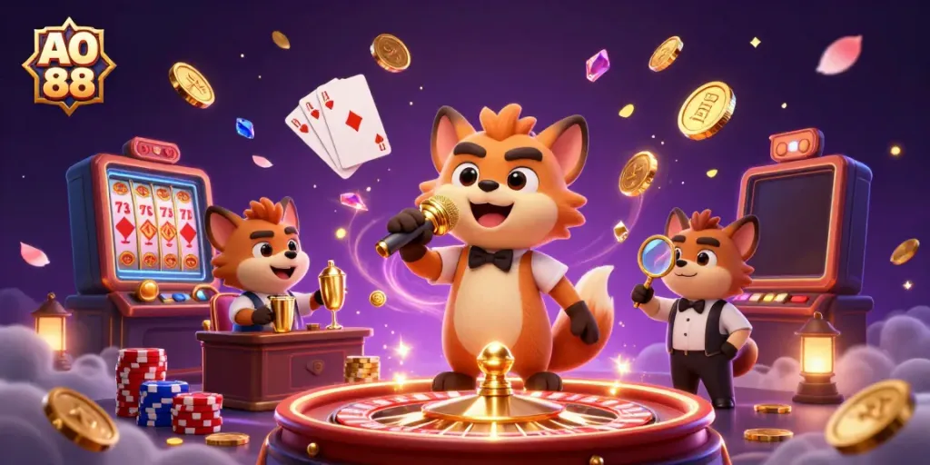 Experience the excitement of AO 88 with a comedic casino scene featuring charismatic hyenas and casino games.
