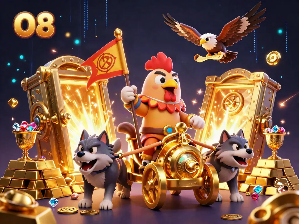 O8 showcases an action-packed illustration of a rooster warlord leading a treasure raid, surrounded by gems and gold.