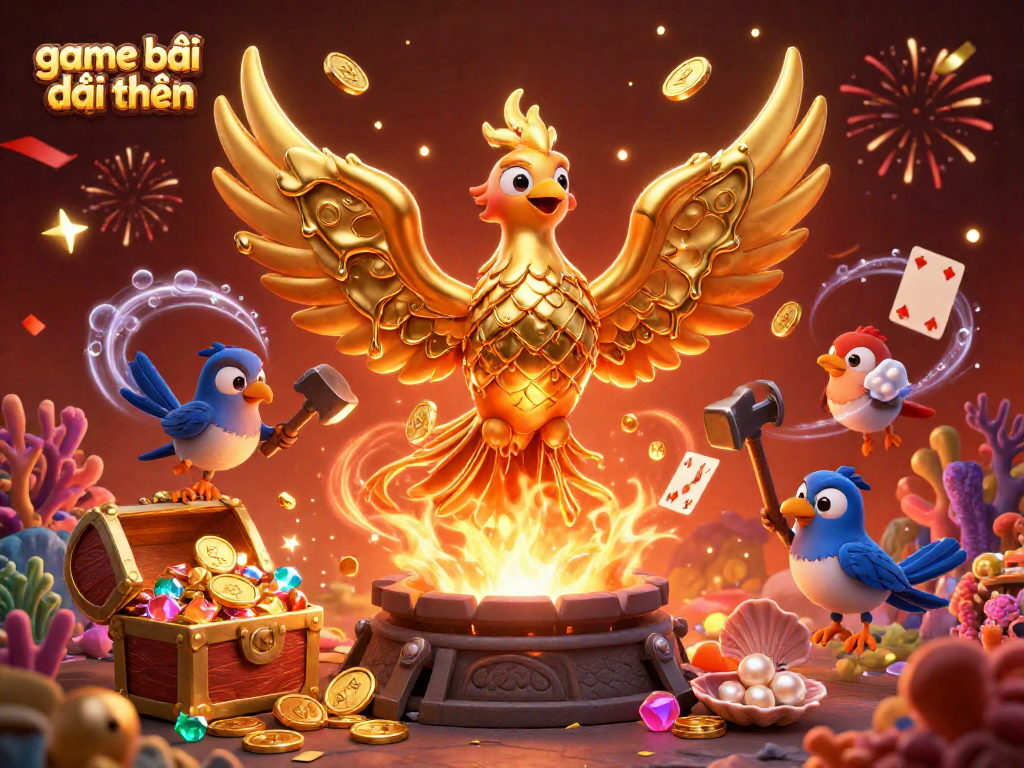 Engage in game bài đổi thưởng with a molten metal phoenix and treasure-rich illustrations!