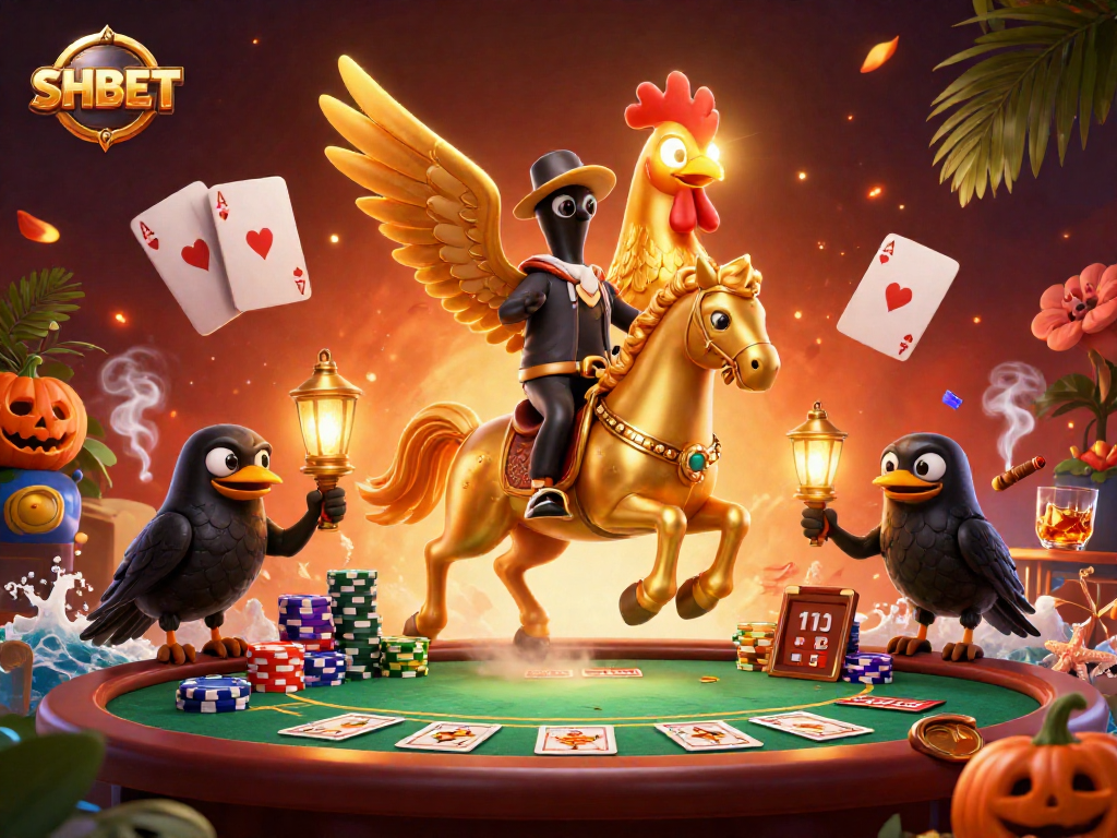 SHBET's golden rooster character gambles at a dynamic casino scene with poker elements.