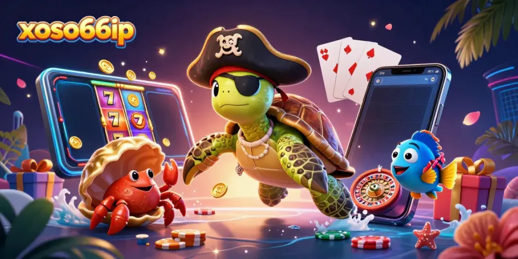 Experience the vibrant action at xoso66ip with a pirate turtle and gaming elements in a dynamic 3D scene.